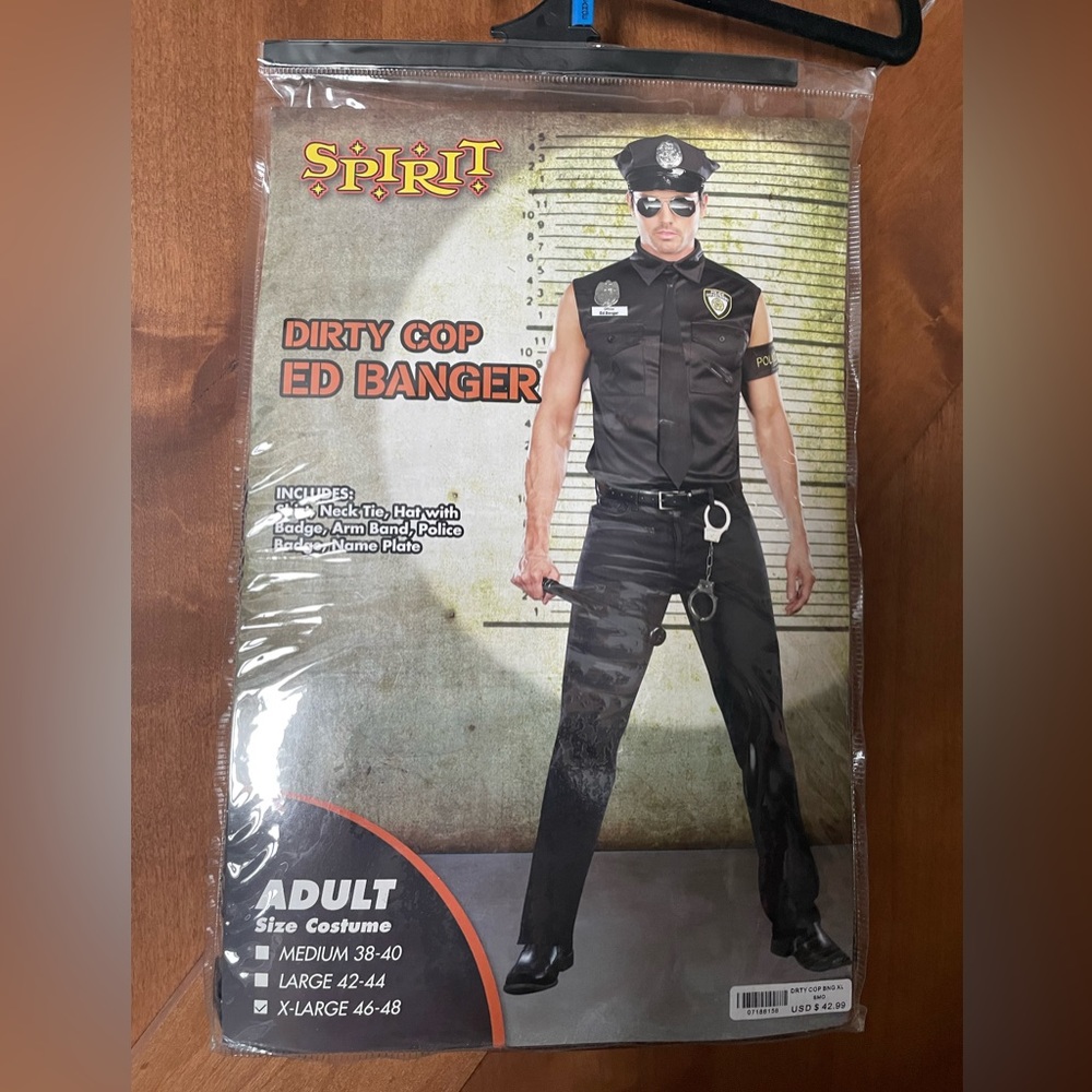Spirit Halloween male cop costume “dirty cop”.